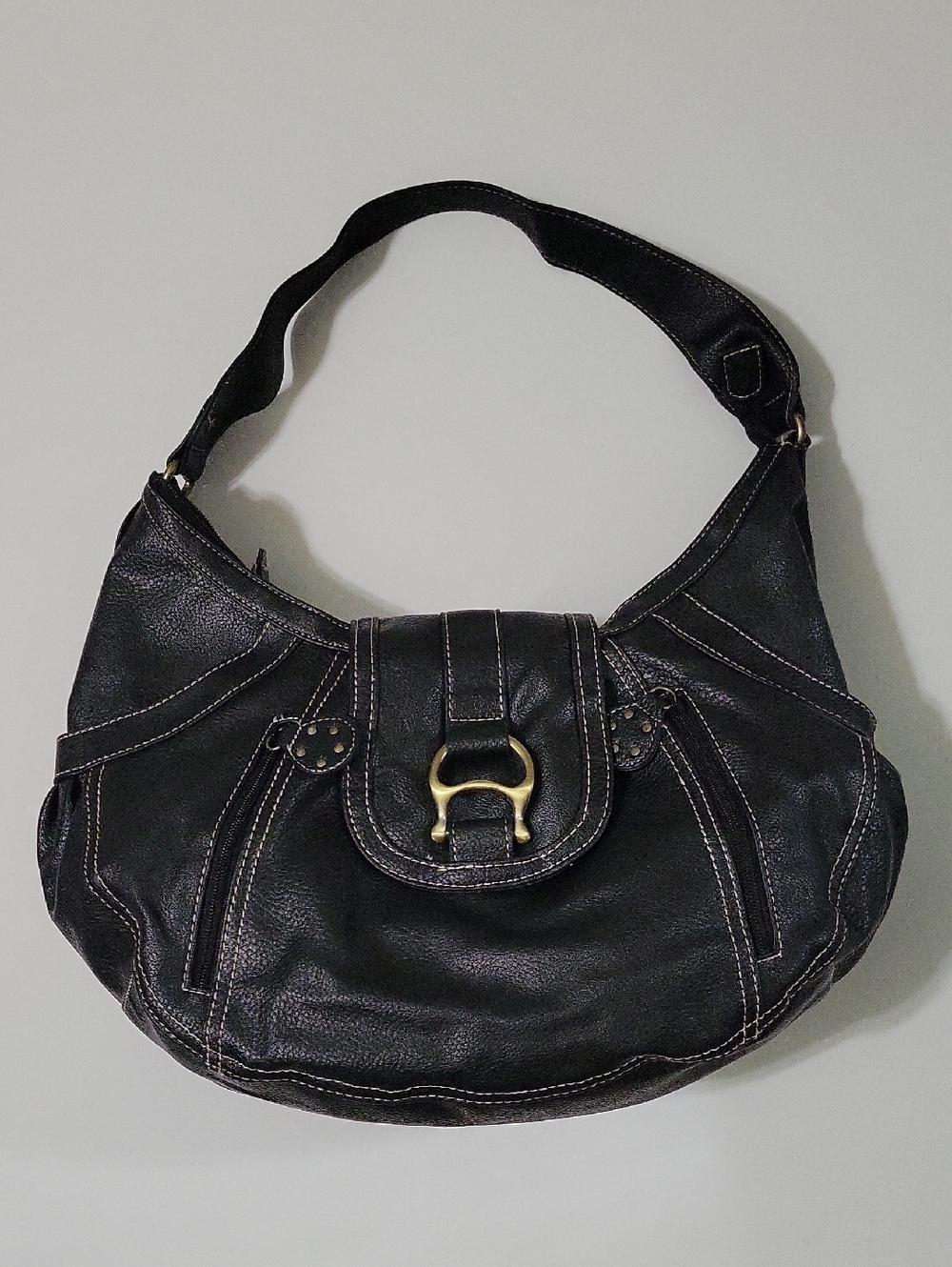 Black Faux Leather Shoulder Bag with Brass Accent